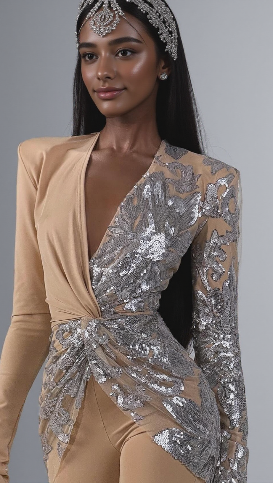 Langarm-Jumpsuit mit Pailletten in Sandsilber