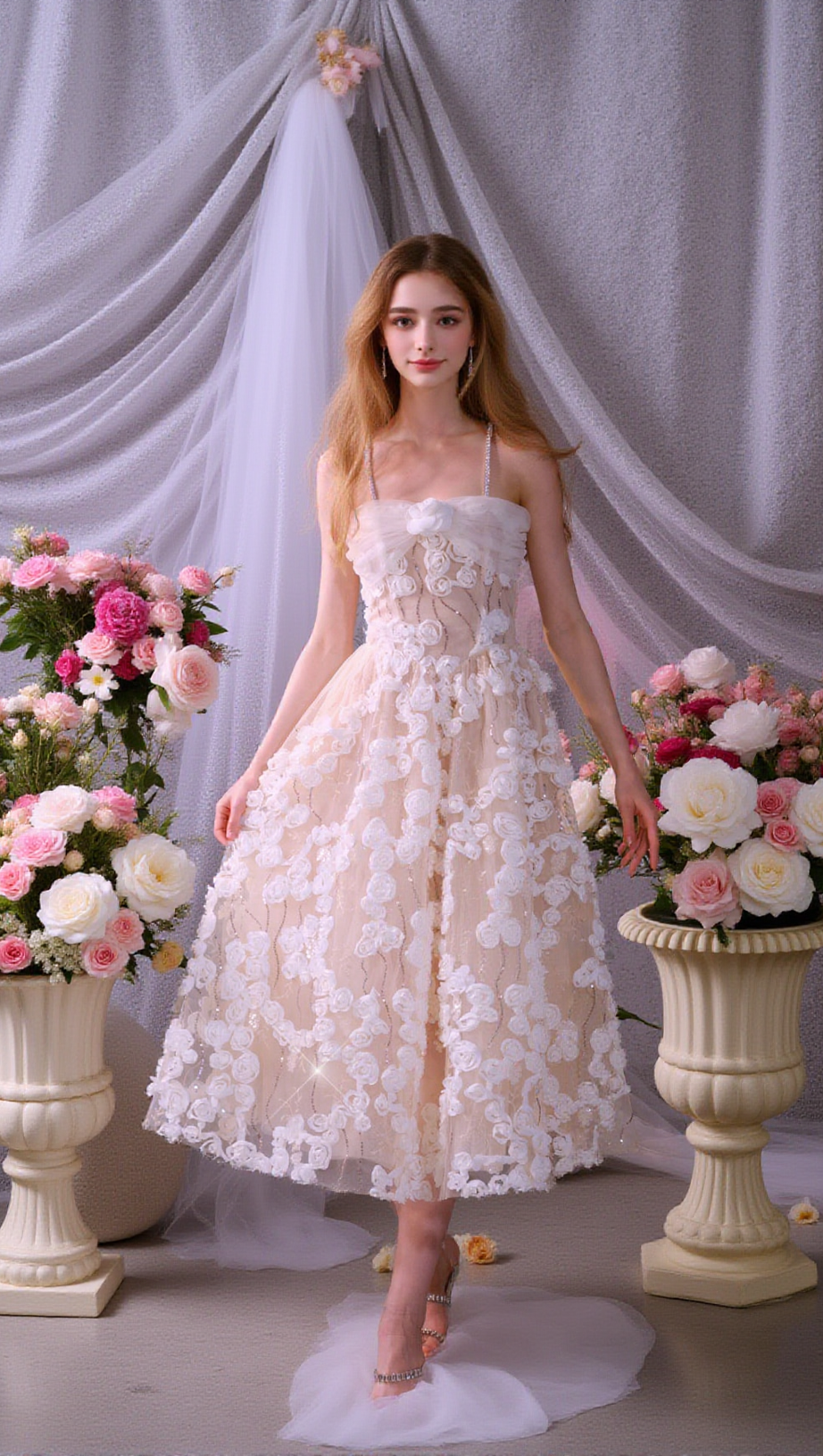 STEREOSCOPIC FLOWER RHINESTONE CHAIN MAXI DRESS IN WHITE