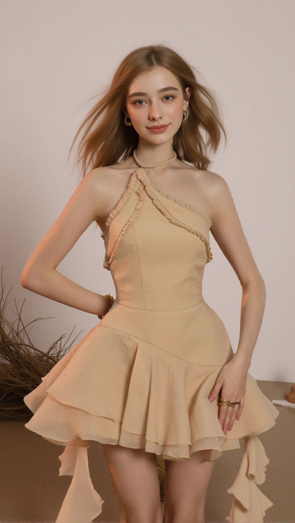 AIIZIE JESSICA HALTER RUFFLE TRIM MINI DRESS IN BEIGE - product image