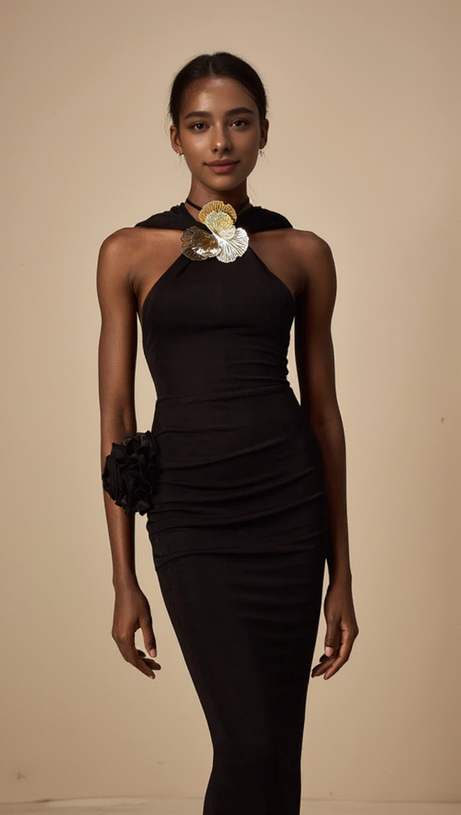 ABITO MIDI CON CAPPUCCIO E FIORI 3D IN METALLO TAMMY NERO