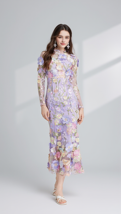 CAROL PURPLE FLORAL EMBROIDERY MESH LONG SLEEVE MIDI DRESS