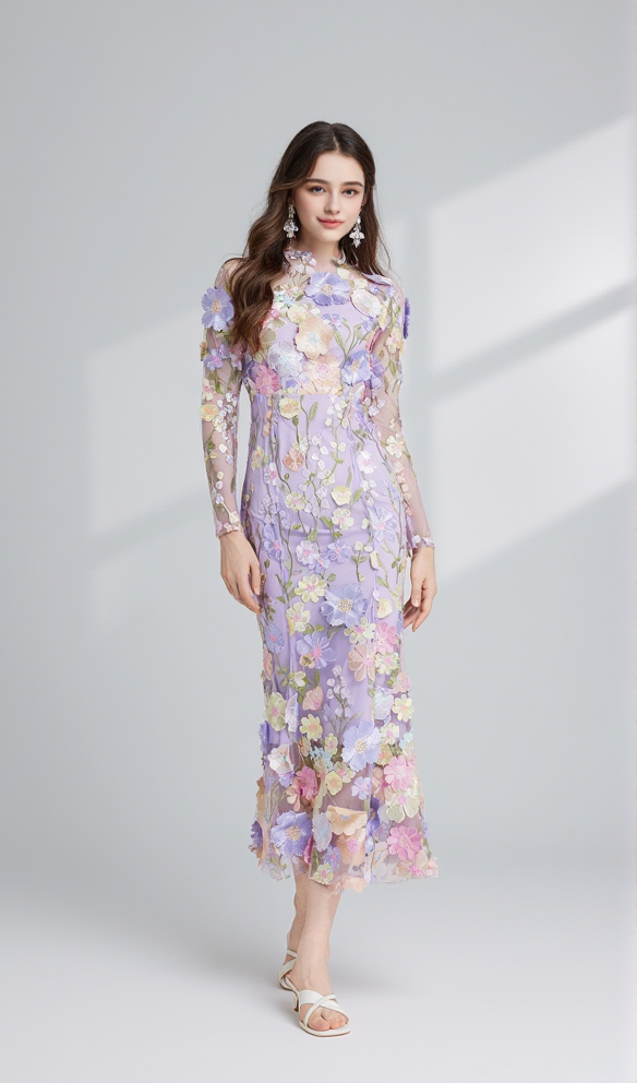 AIIZIE CAROL PURPLE FLORAL EMBROIDERY MESH LONG SLEEVE MIDI DRESS - product image