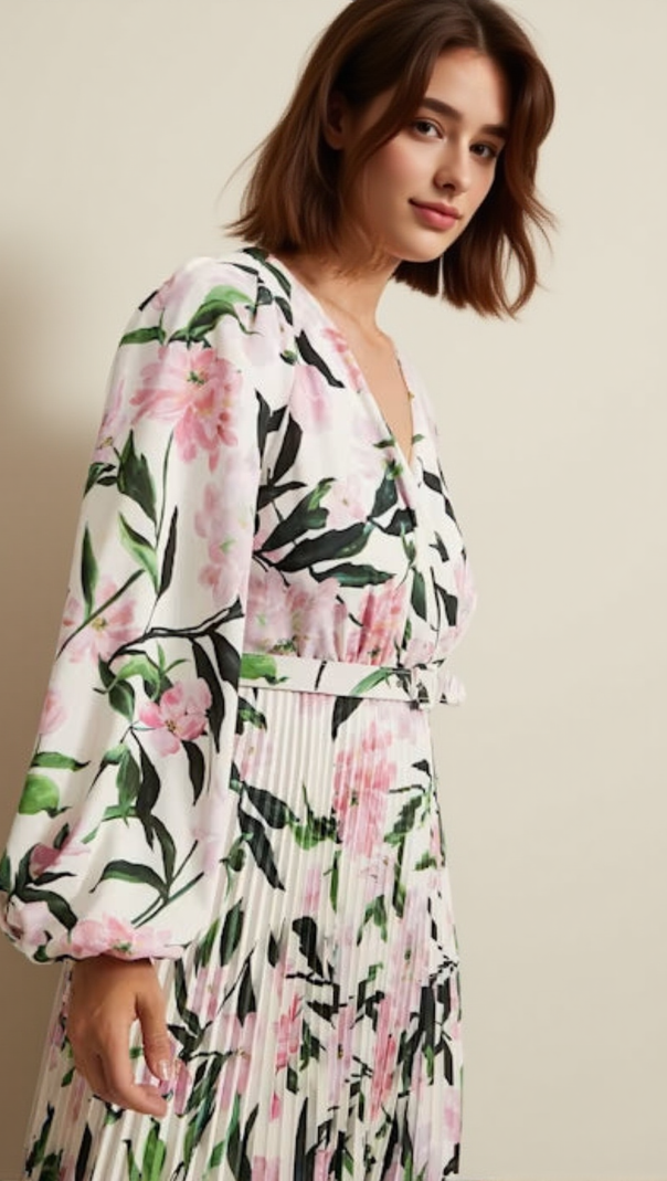 AIIZIE MULTI-COLOURED PENNY FLORAL PLEAT MIDI DRESS - product image