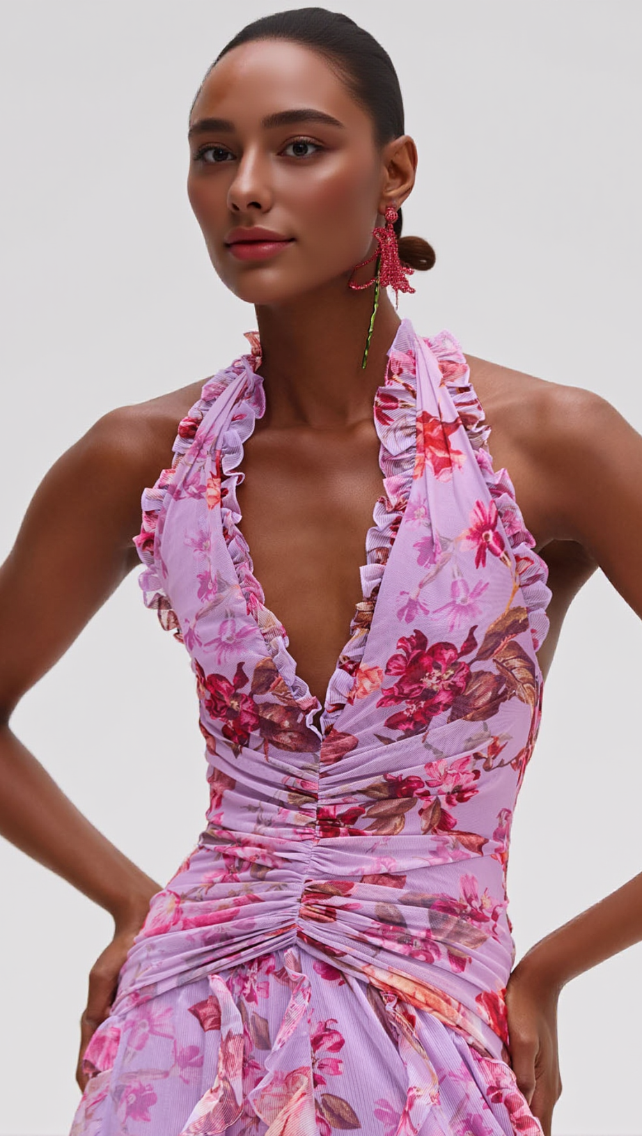 FLORAL HAZE STRETCH TULLE MAXI DRESS