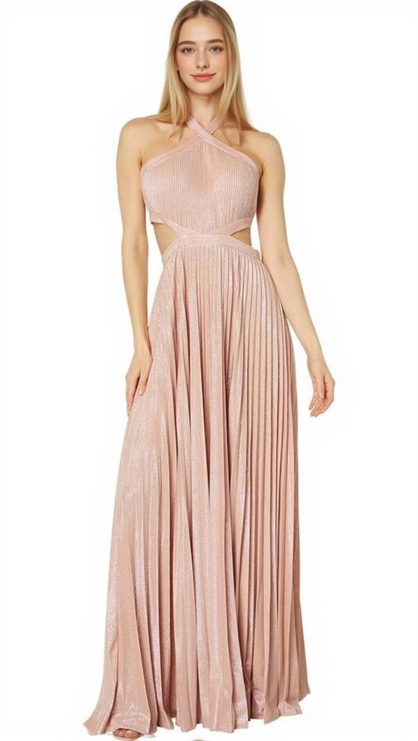 AIIZIE NANCY HALTER CUTOUT PLEATED GOWN IN PALE PINK - product image