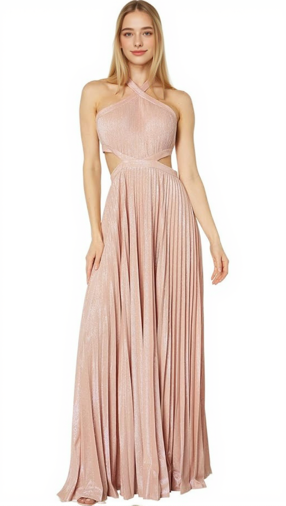 NANCY HALTER CUTOUT PLEATED GOWN IN PALE PINK