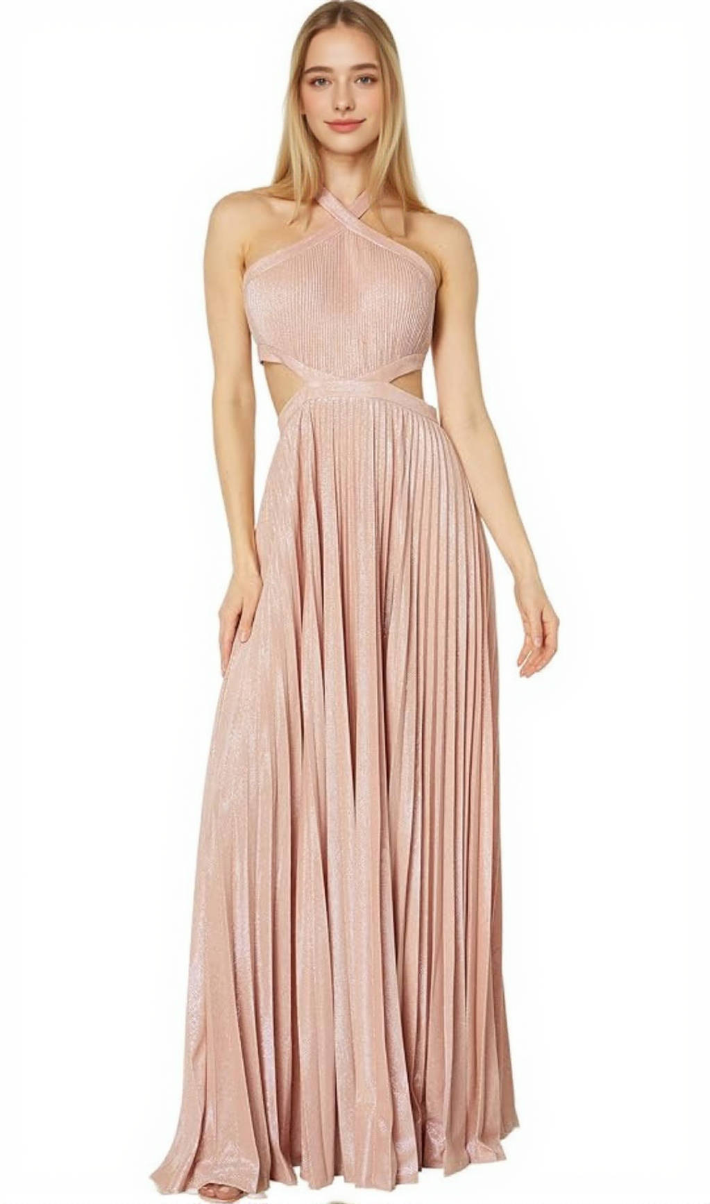 NANCY HALTER CUTOUT PLEATED GOWN IN PALE PINK