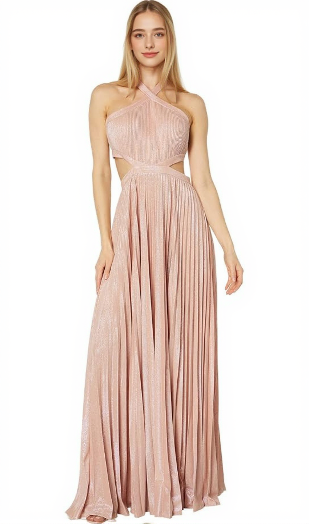 NANCY HALTER CUTOUT PLEATED GOWN IN PALE PINK