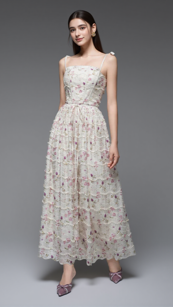 AIIZIE FLORAL PRINT A-LINE SQUARE NECK MAXI DRESS - product image