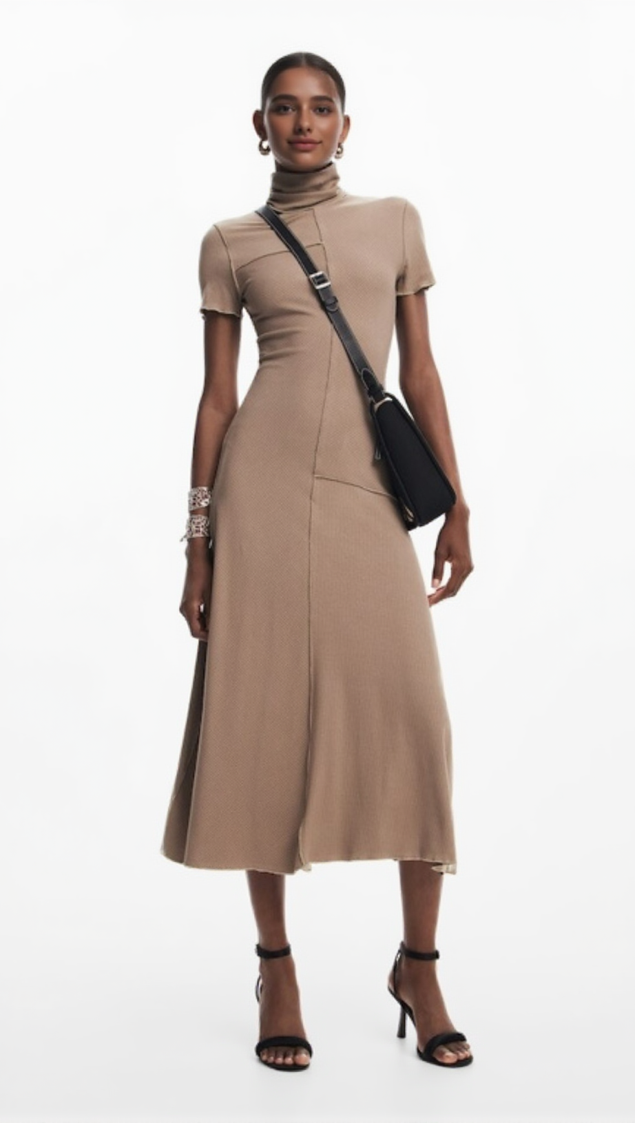 CAMEL BODYCON MIDI DRESS WITH HIGH NECK