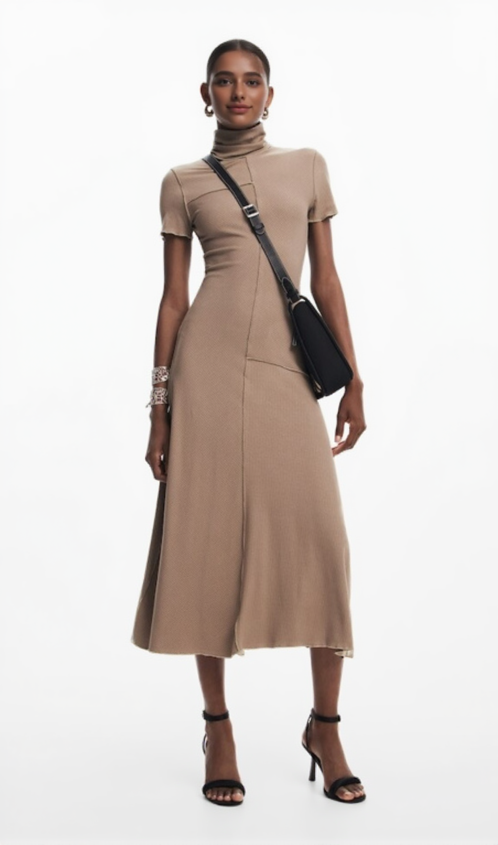 CAMEL BODYCON MIDI DRESS WITH HIGH NECK