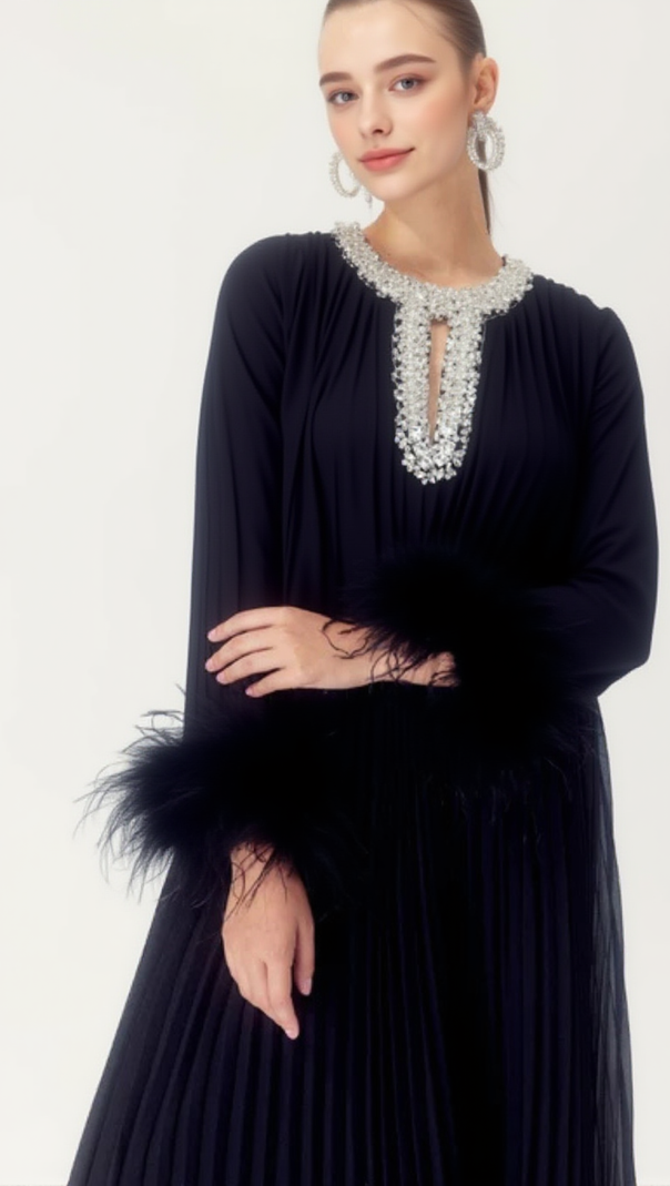 AIIZIE MANJA DIAMANTE CHIFFON FEATHER MAXI DRESS - BLACK - product image