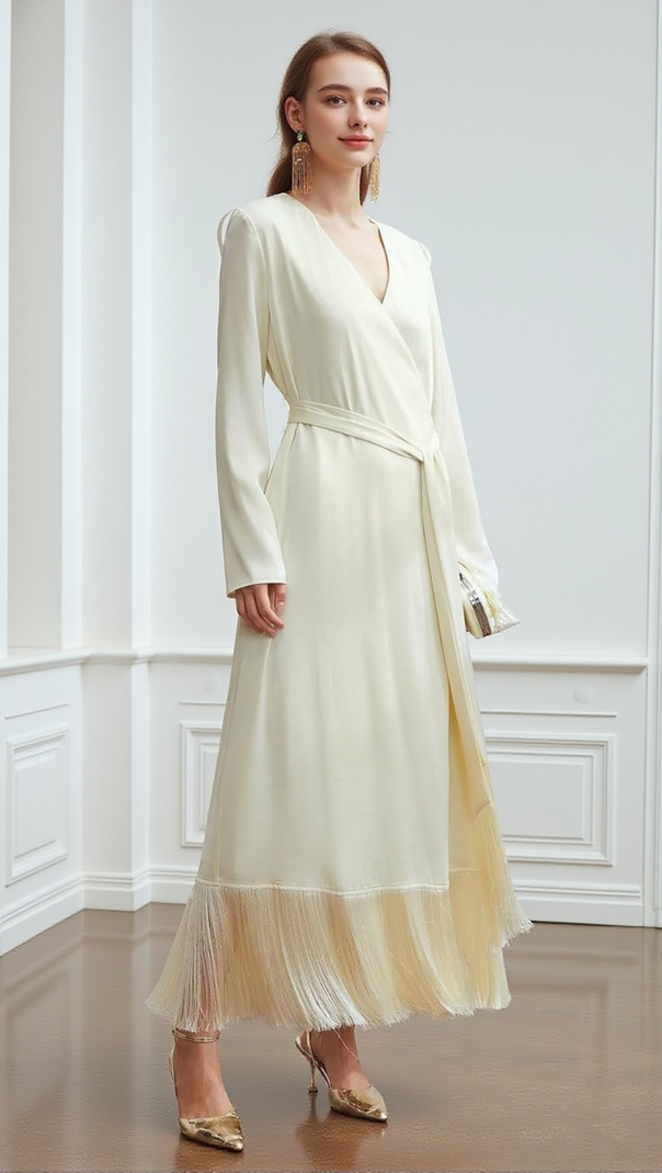 AIIZIE BELTED SATIN FRINGE-HEM DRESS IN BEIGE - product image