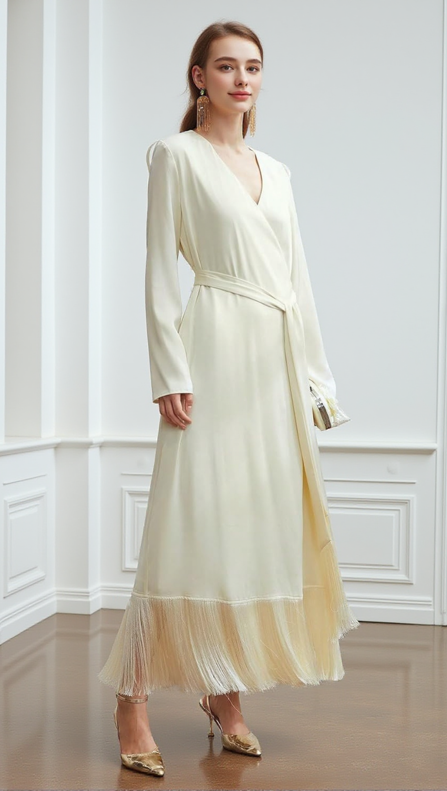 BELTED SATIN FRINGE-HEM DRESS IN BEIGE