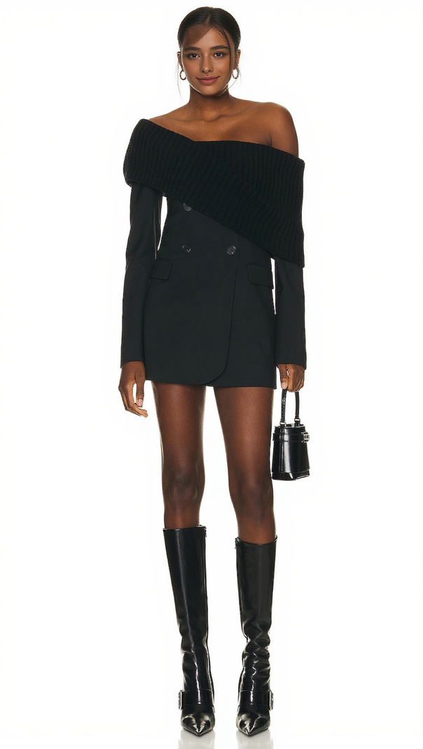 AIIZIE MATTIE ONE SHOULDER KNIT COLLAR MINI DRESS - product image