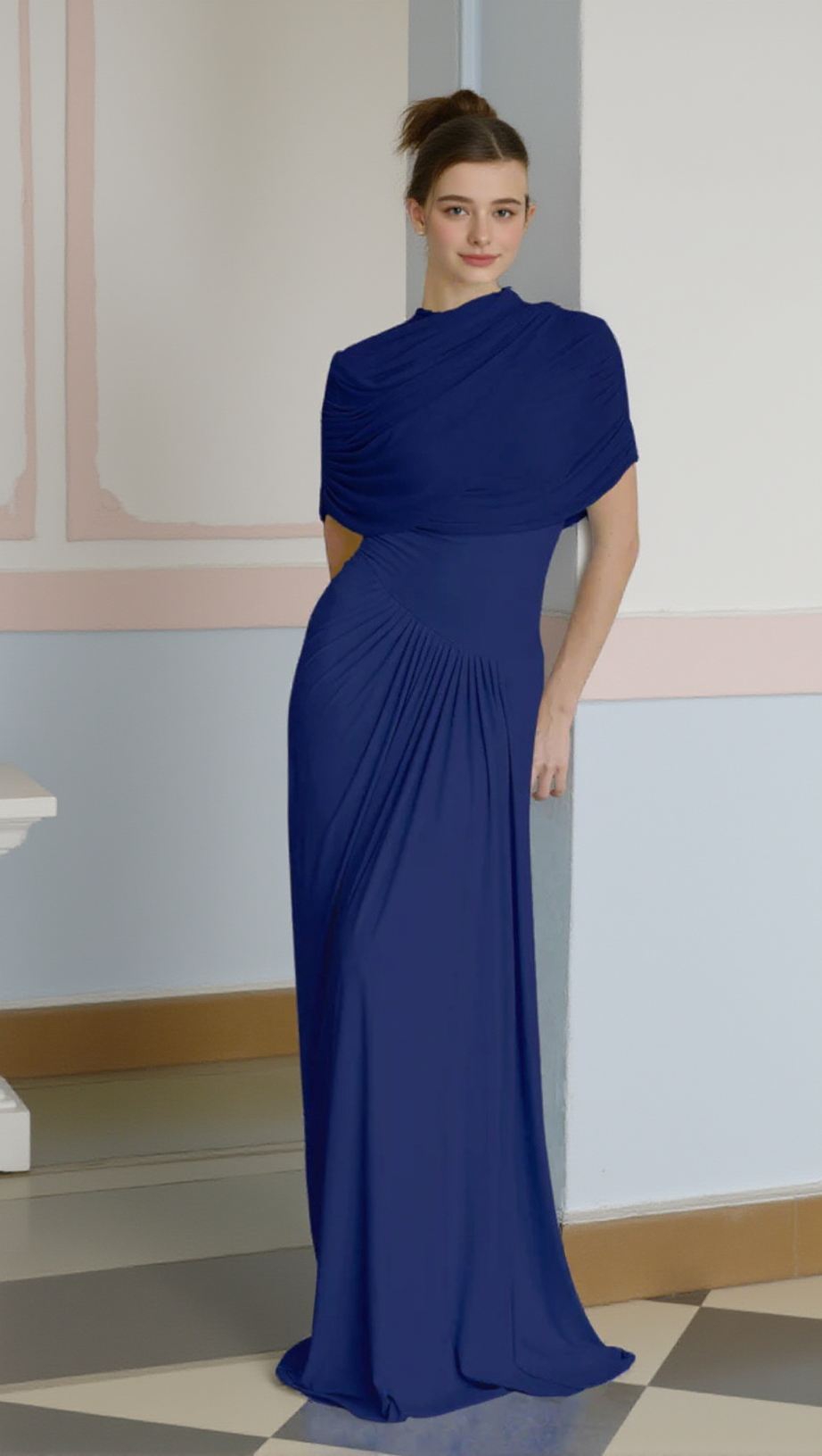 AAKIFA ASYMMETRIC DRAPED MAXI DRESS IN NAVY BLUE