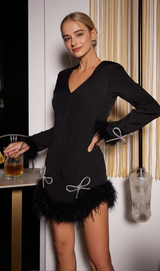 LONG SLEEVE BOW CRYSTAL FEATHER DRESS