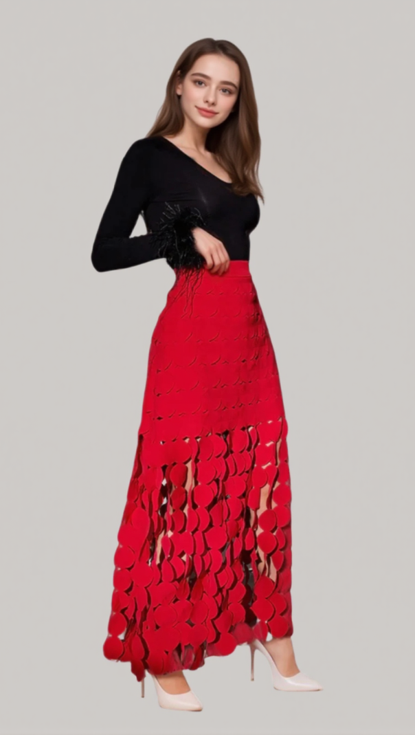 AIIZIE CIRCLE CUTOUT FRINGE SKIRT IN RED - product image