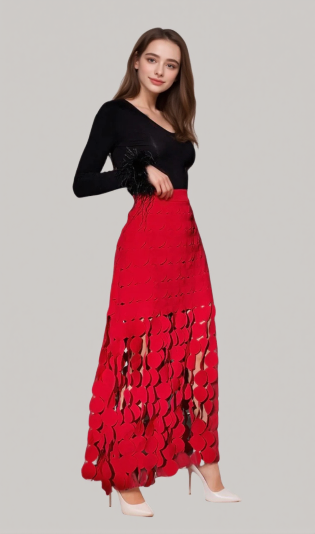 CIRCLE CUTOUT FRINGE SKIRT IN RED