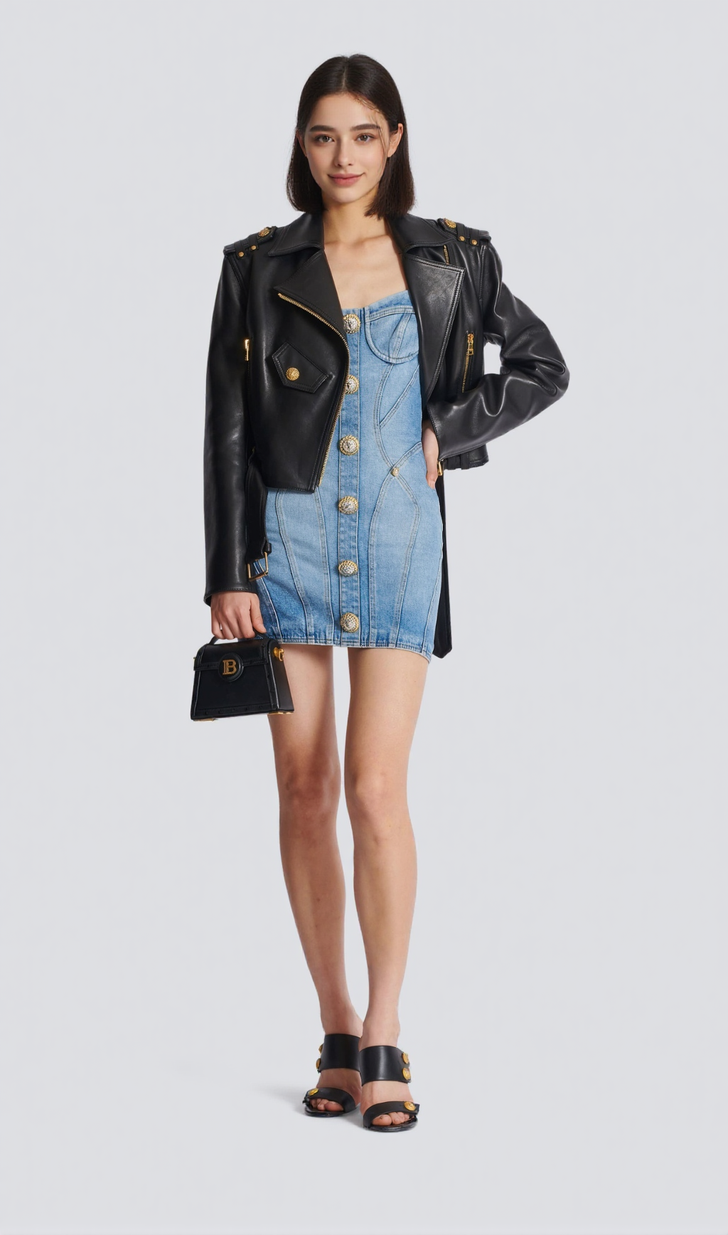 BUTTONED DENIM MINI DRESS IN BLUE