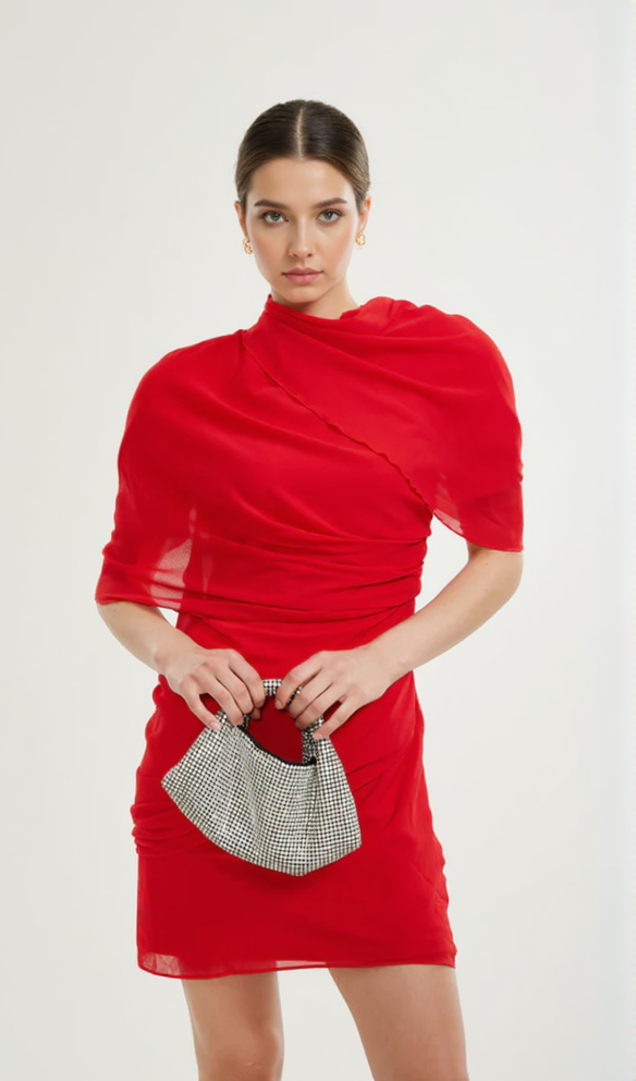 AIIZIE CLARABELLE RUCHED DRAPED MINI DRESS IN RED - product image