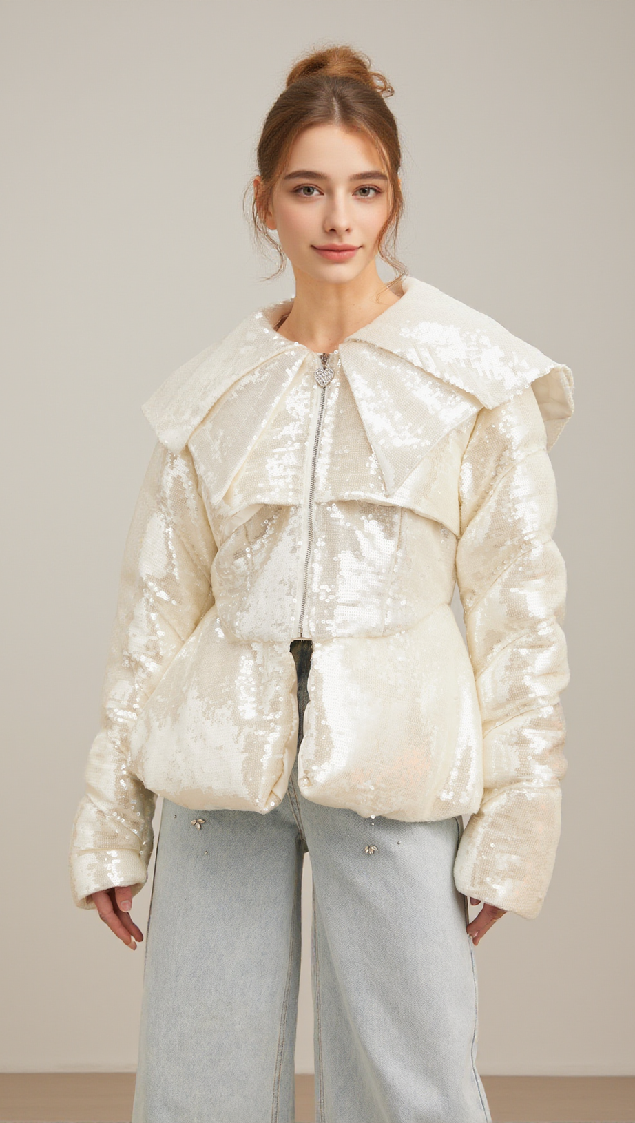 JOSLYN WHITE SEQUINED DOWN COAT