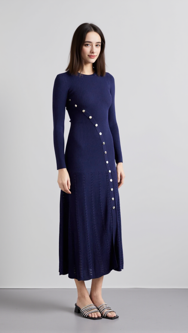 AIIZIE VIOLA RIBBED-KNIT MIDI DRESS IN NAVY BLUE - product image