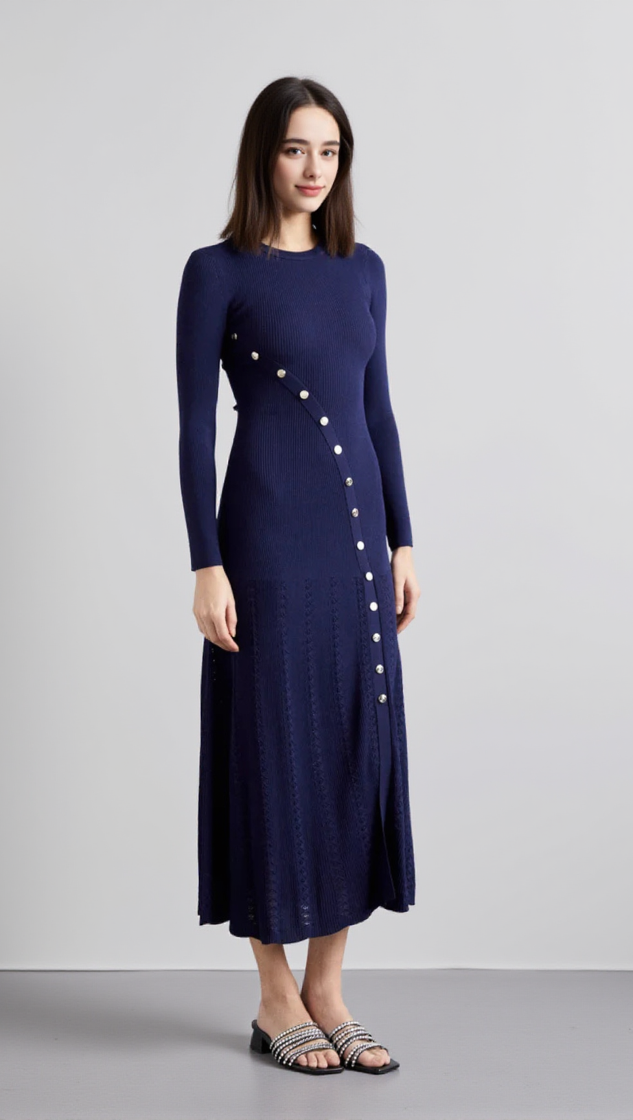 VIOLA RIBBED-KNIT MIDI DRESS IN NAVY BLUE