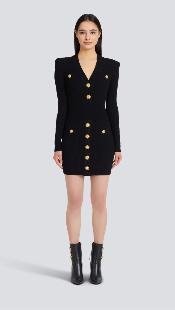 AIIZIE TARA BLACK SHORT KNITTED MINI DRESS WITH GOLD BUTTONS - product image