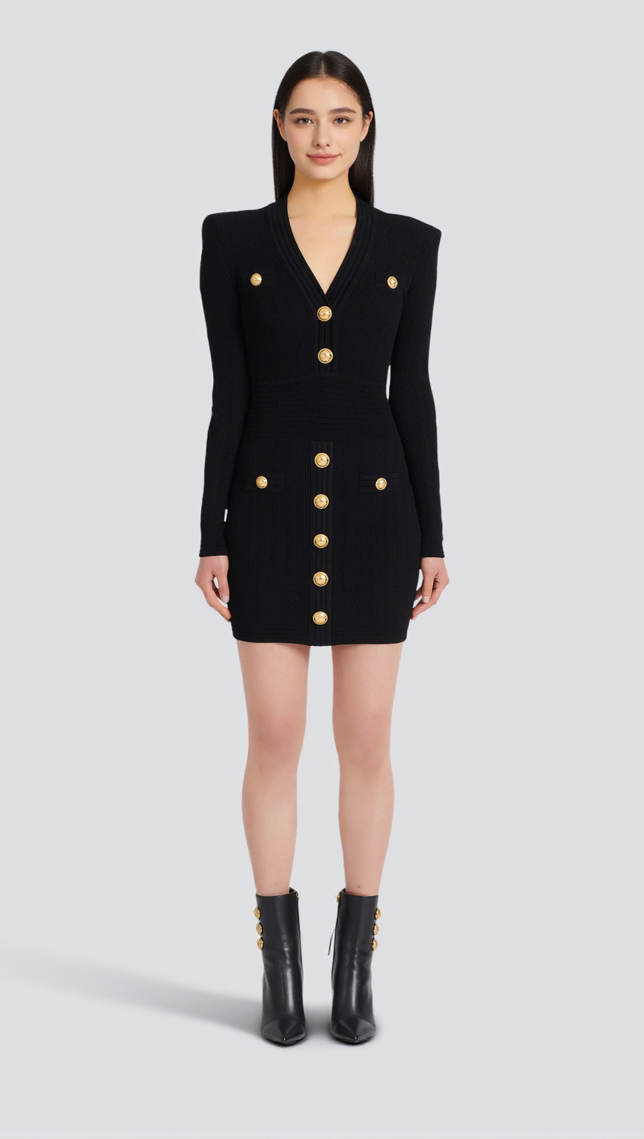 MINI ABITO CORTO IN MAGLIA NERO TARA CON BOTTONI ORO