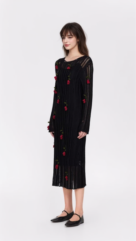 HILARIA ROSE HANDCRAFTED KNIT MIDI DRESS IN BLACK