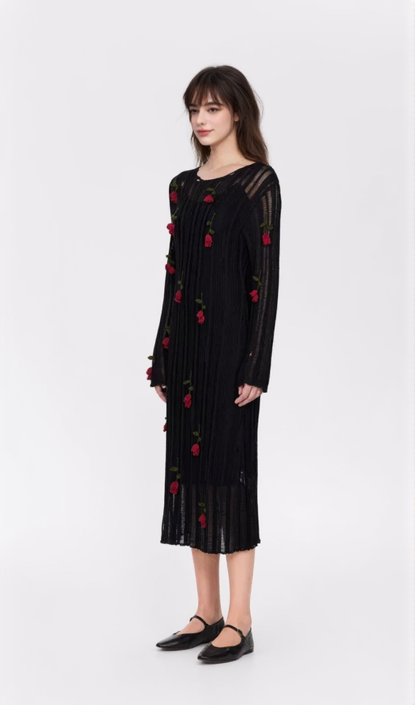 AIIZIE HILARIA ROSE HANDCRAFTED KNIT MIDI DRESS IN BLACK - product image