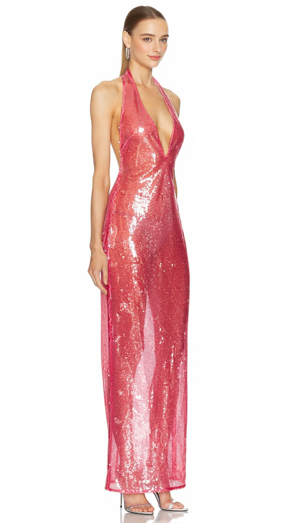 AIIZIE ZORA SHEER SEQUIN DEEP V NECK GOWN IN PINK RED - product image