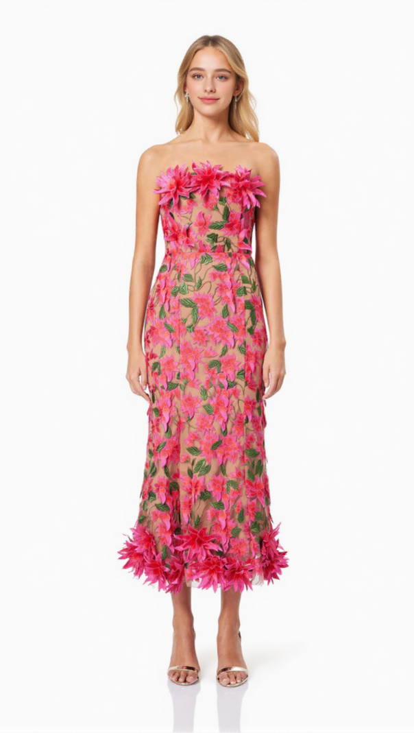AIIZIE 3D FLOWER EMBROIDERY STRAPLESS MIDI DRESS IN ROSE RED - product image