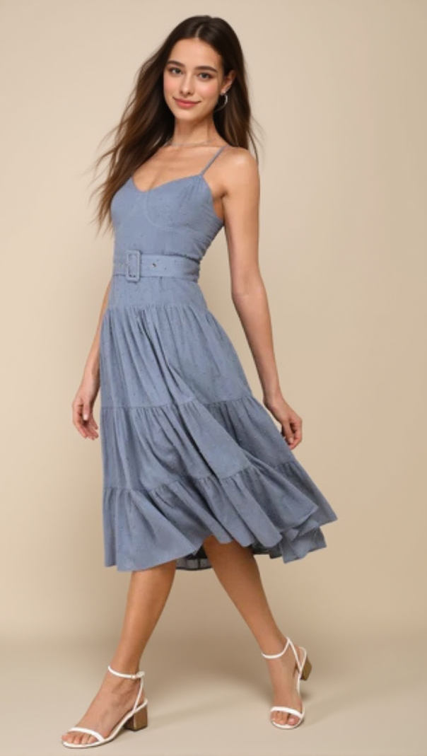 AIIZIE SLATE BLUE SWISS DOT BUSTIER TIERED MIDI DRESS - product image