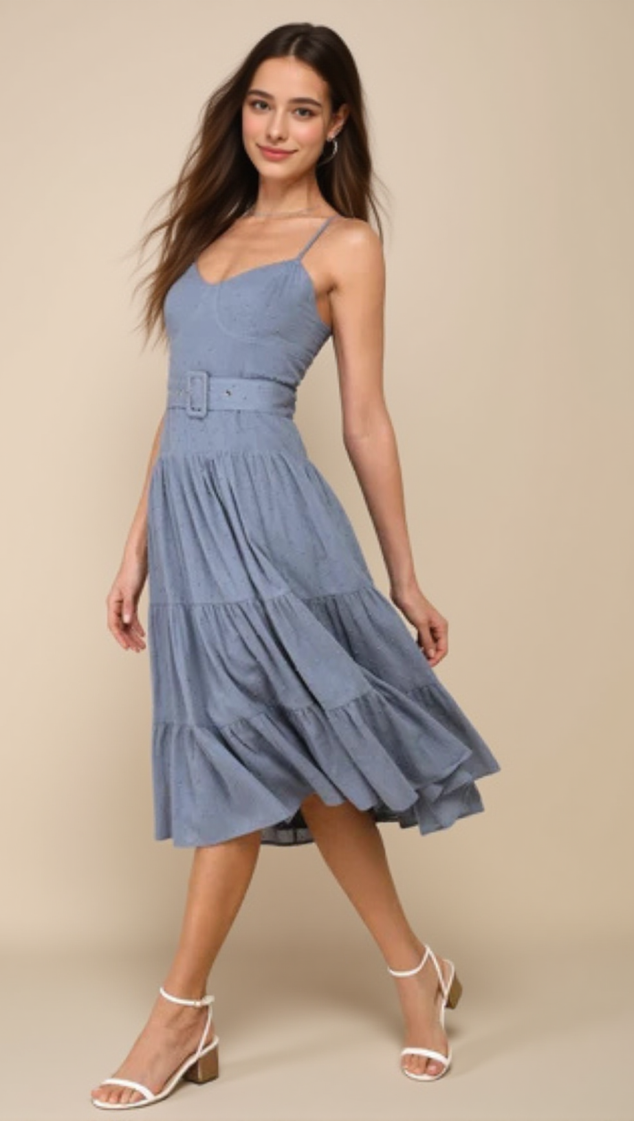 SLATE BLUE SWISS DOT BUSTIER TIERED MIDI DRESS