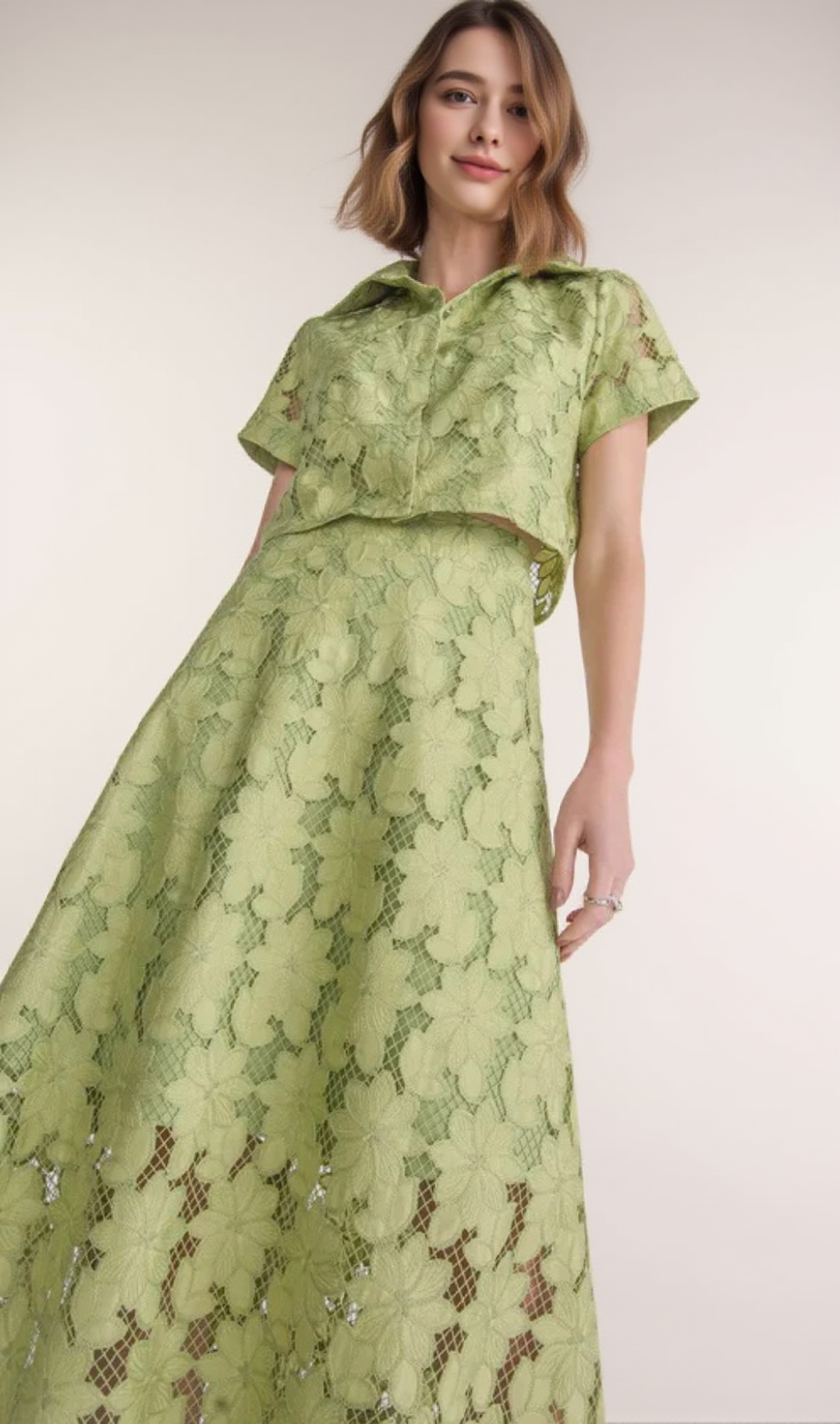 guipure mesh midi skirt cropped set in green