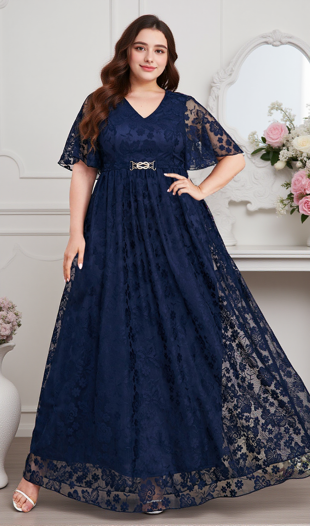 Priscilla Maxikleid mit V-Ausschnitt und Spitze 