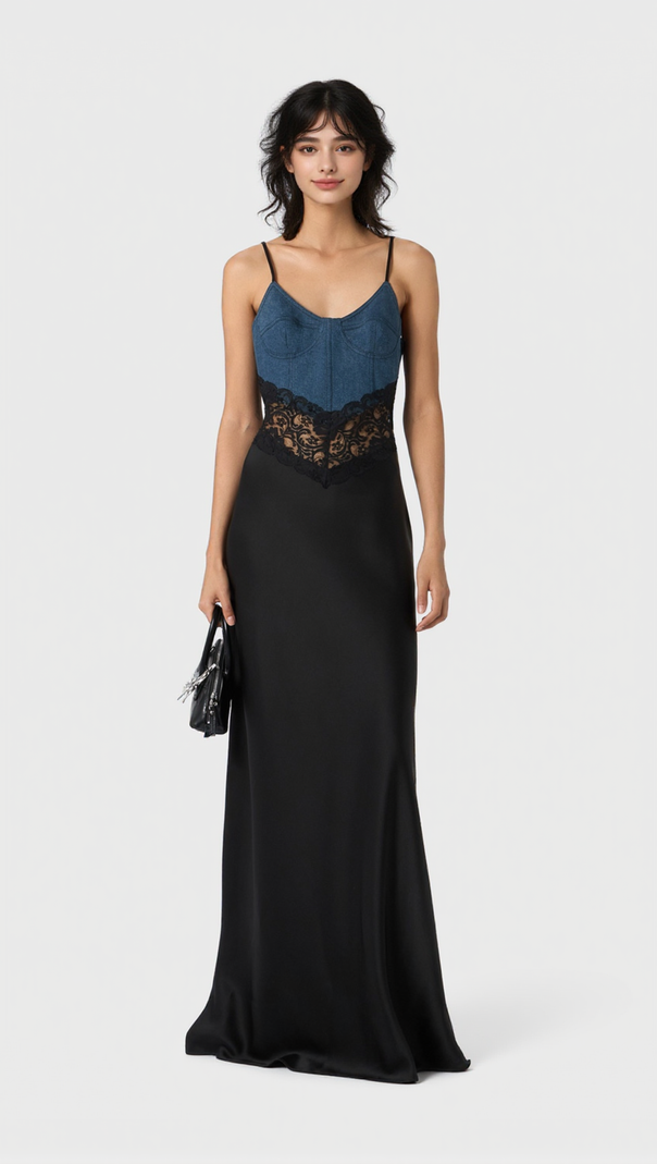 AIIZIE OLATHE DENIM LACE SATIN MAXI DRESS - product image
