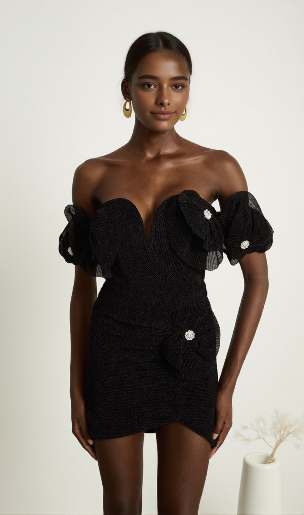 XAVIERA STRAPLESS FLORAL WRAP HIP MINI DRESS IN BLACK