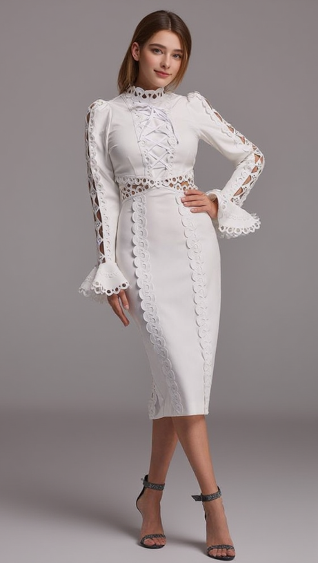 HOLLOW LACE MIDI DRESS IN WHITE