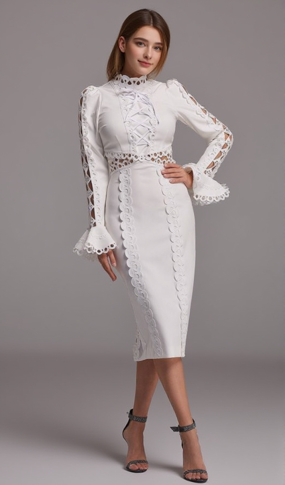 hollow Lace Midi Dress in White