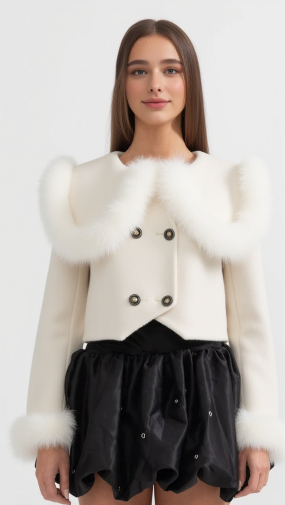 DOUBLE BREASTED CROPPED JACKET WITH FUR COLLAR EMBELLISHMENT - WHITE