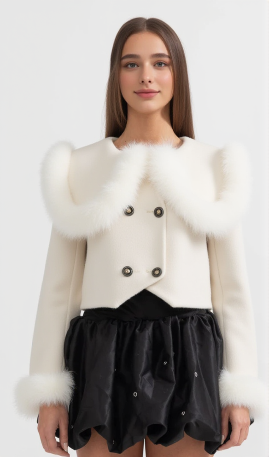 DOUBLE BREASTED CROPPED JACKET WITH FUR COLLAR EMBELLISHMENT - WHITE