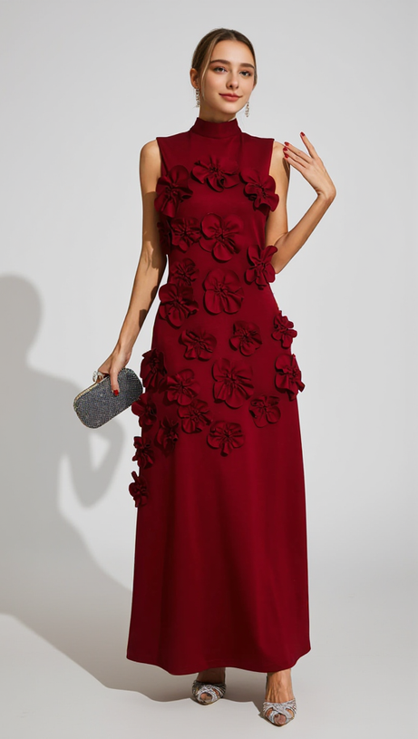 ANNONA RED FLOWER EMBELLISHED MAXI DRESS