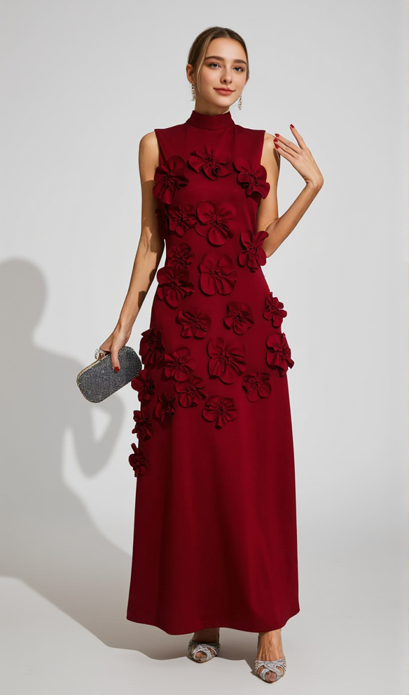 AIIZIE ANNONA RED FLOWER EMBELLISHED MAXI DRESS - product image