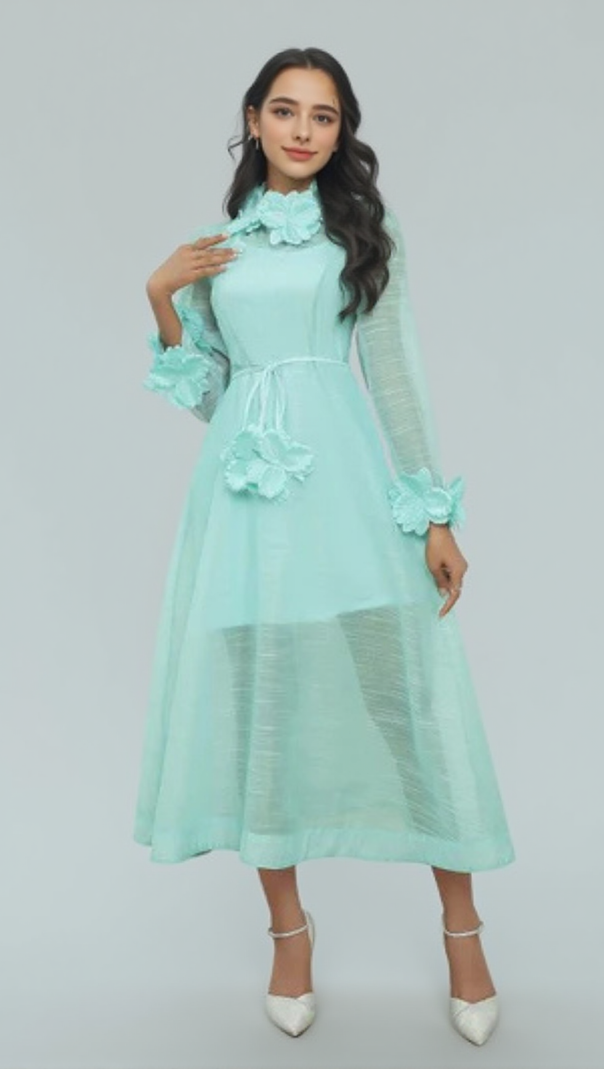 AIIZIE VICKY FLOWER EMBELLISHED LACE MIDI DRESS IN GREEN - product image