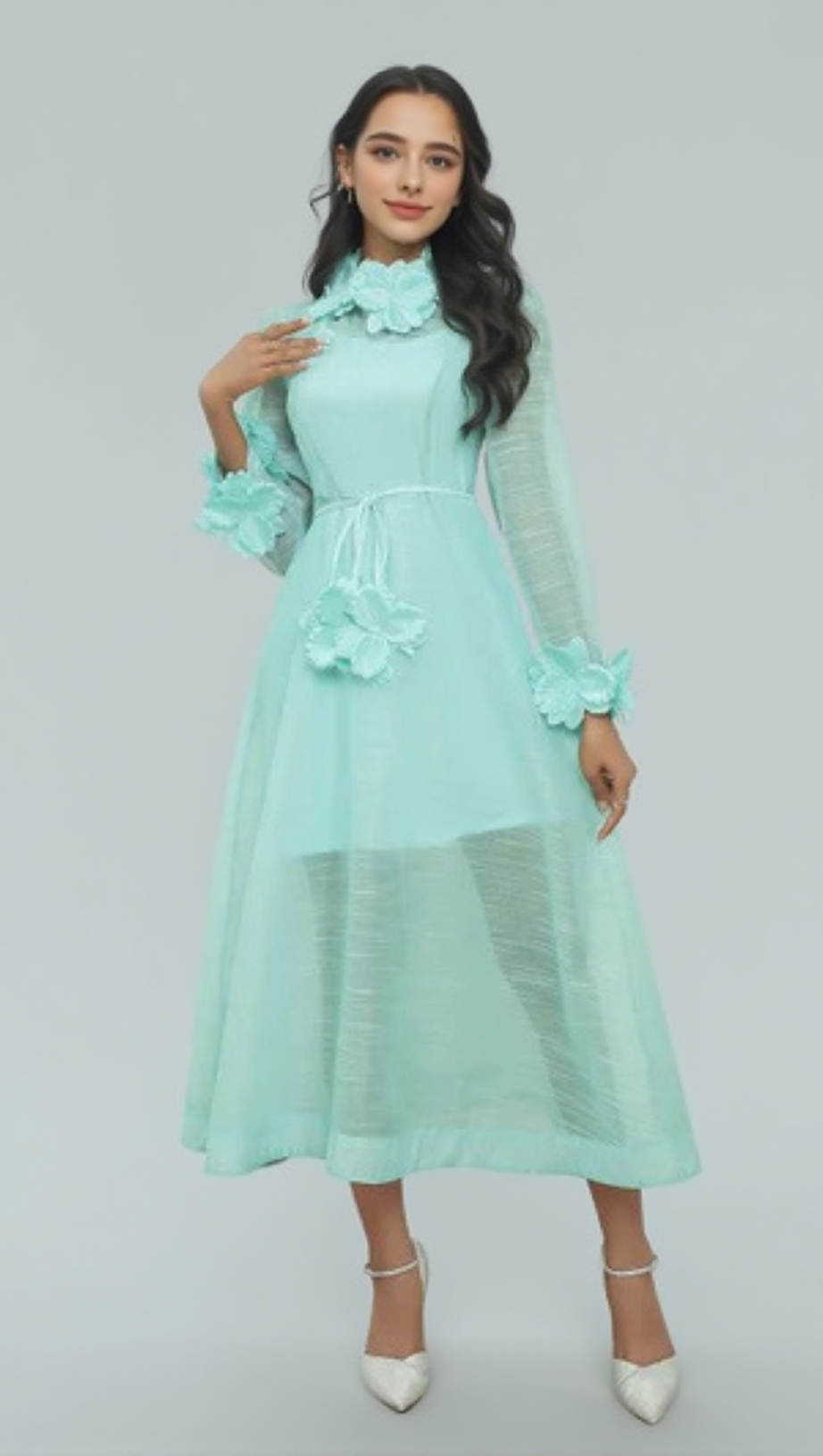 VICKY FLOWER EMBELLISHED LACE MIDI DRESS IN GREEN