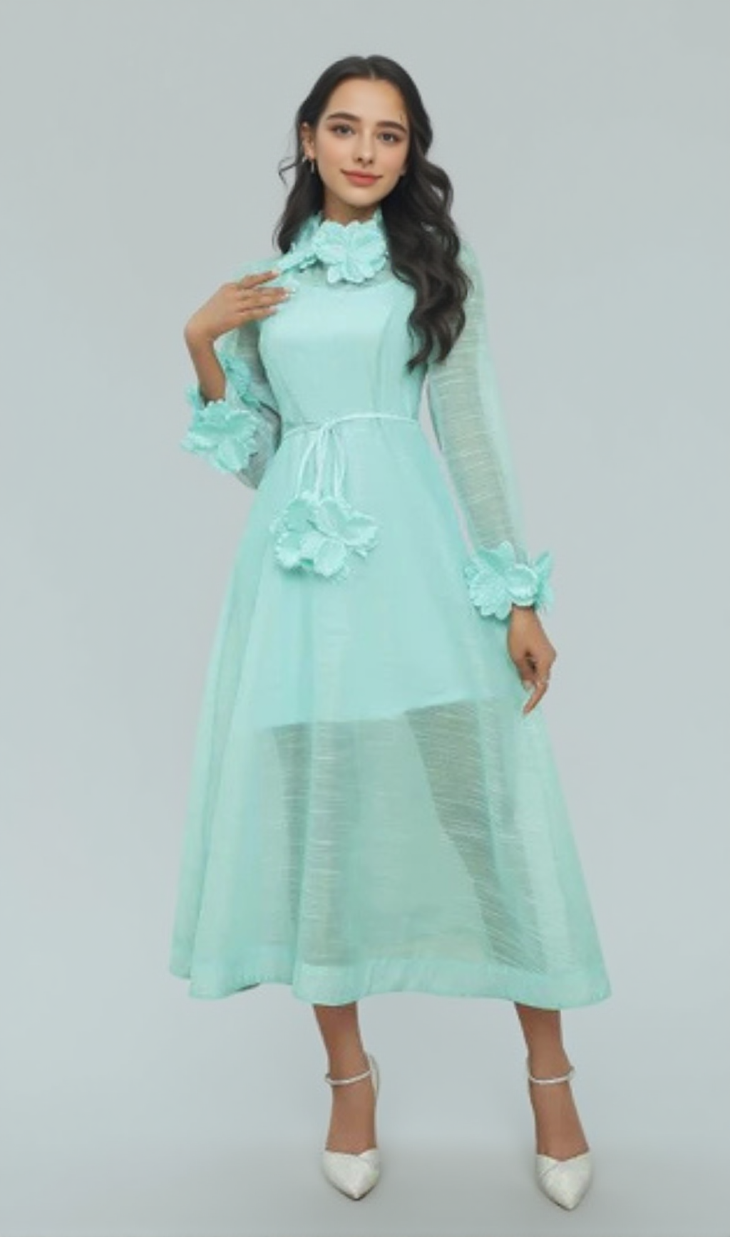 VICKY FLOWER EMBELLISHED LACE MIDI DRESS IN GREEN