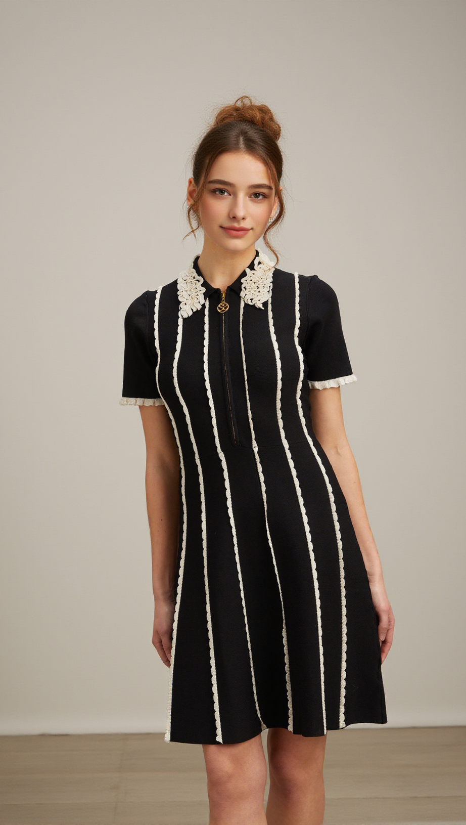 ZAZIE BLACK VERTICAL-STRIPED RUFFLE-TRIM KNIT MINI DRESS